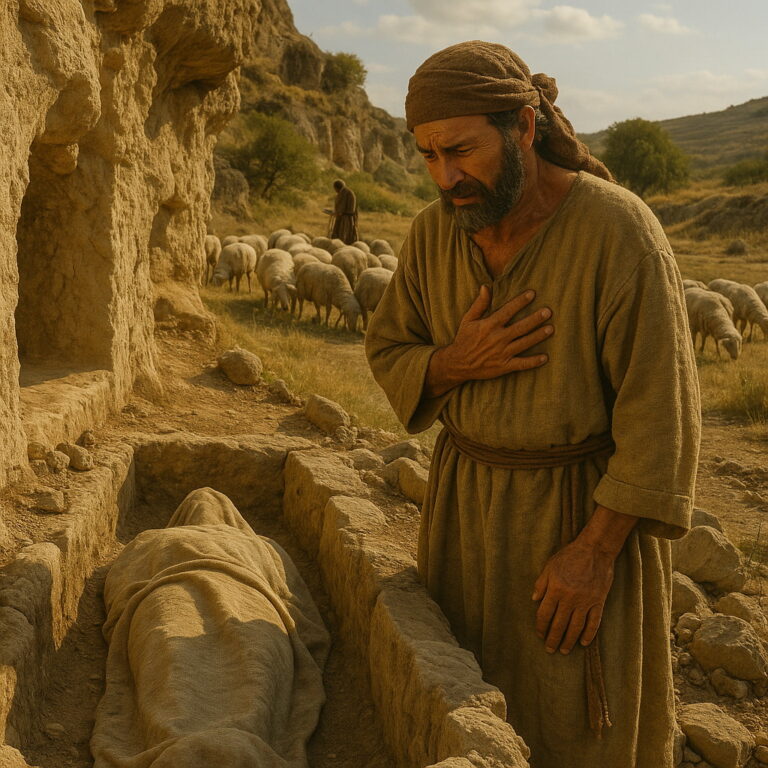 A grieving biblical-era man stands beside an open stone tomb, with a wrapped body laid inside and sheep grazing behind him.