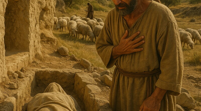 A grieving biblical-era man stands beside an open stone tomb, with a wrapped body laid inside and sheep grazing behind him.