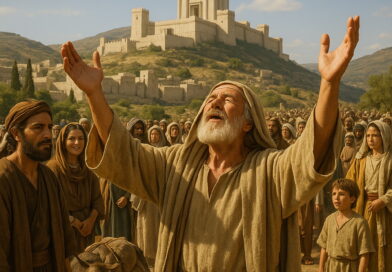 A biblical-era crowd gathered before the fortified city on a holy mountain while an elderly man lifts his hands in worship toward God.