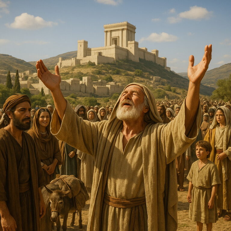 A biblical-era crowd gathered before the fortified city on a holy mountain while an elderly man lifts his hands in worship toward God.