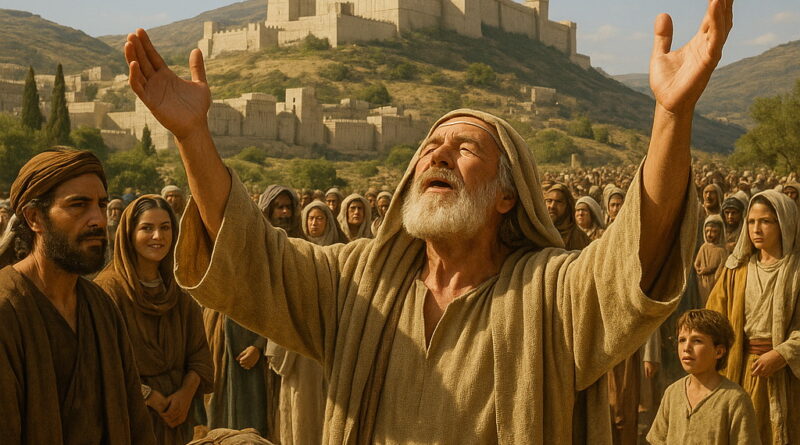 A biblical-era crowd gathered before the fortified city on a holy mountain while an elderly man lifts his hands in worship toward God.