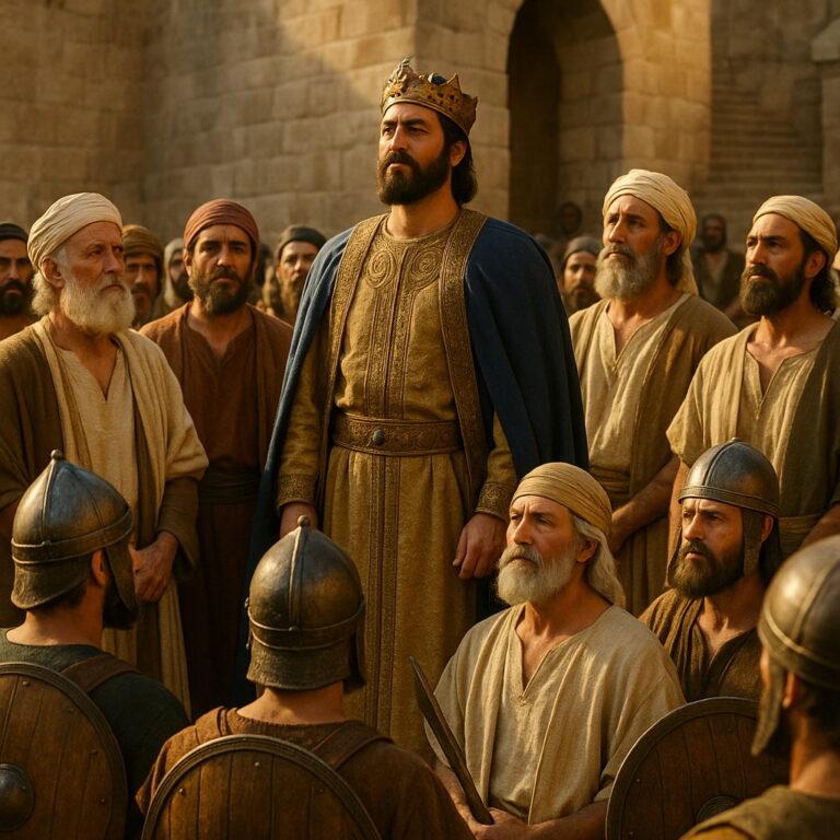 Princes and leaders gather around a regal king in ancient attire, with warriors holding shields in a biblical-era courtyard.