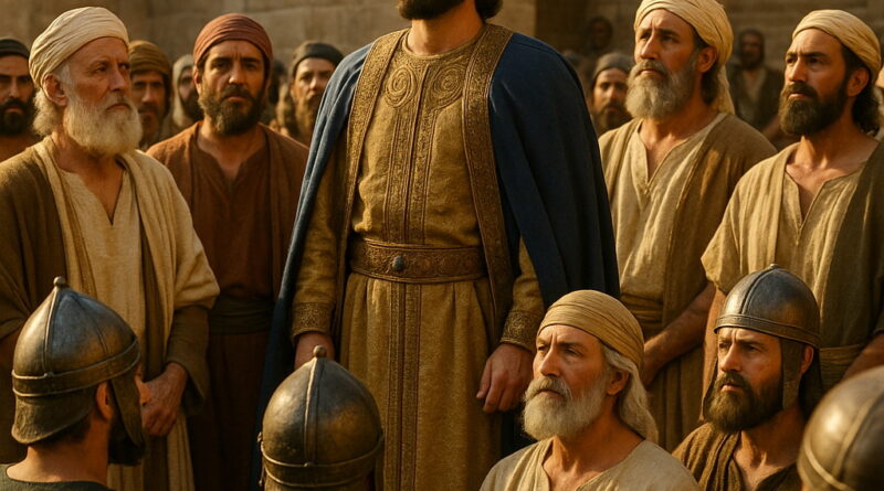 Princes and leaders gather around a regal king in ancient attire, with warriors holding shields in a biblical-era courtyard.