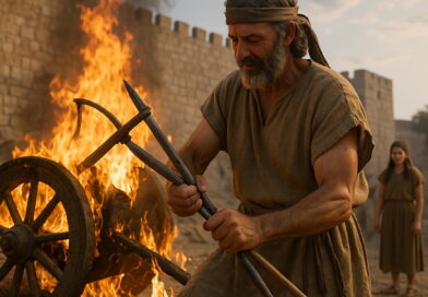 A man in biblical-era clothing breaks a spear while a burning chariot blazes behind him near ancient stone walls.