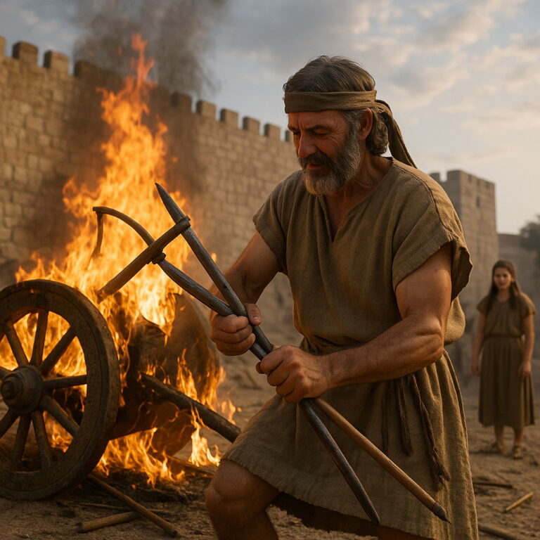 A man in biblical-era clothing breaks a spear while a burning chariot blazes behind him near ancient stone walls.