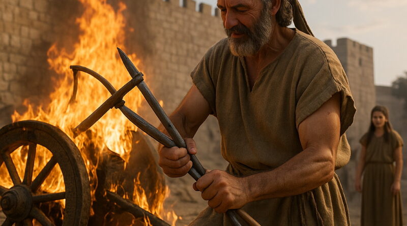A man in biblical-era clothing breaks a spear while a burning chariot blazes behind him near ancient stone walls.