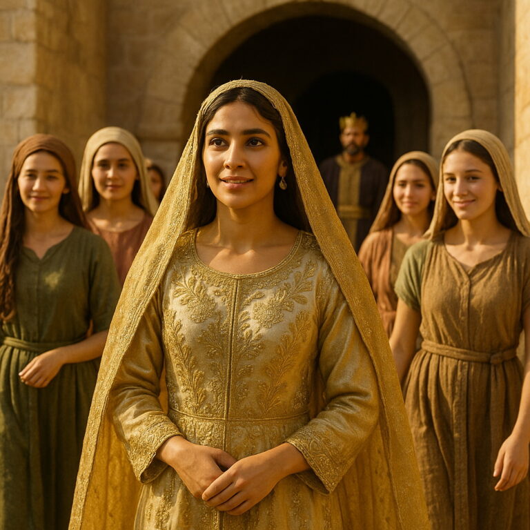A royal bride in an embroidered golden gown walks toward the king, accompanied by young maidens in biblical-era garments.