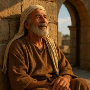 An elderly man in biblical-era clothing sits against a stone wall, looking upward with hope as warm sunlight illuminates his face.