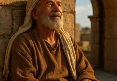 An elderly man in biblical-era clothing sits against a stone wall, looking upward with hope as warm sunlight illuminates his face.
