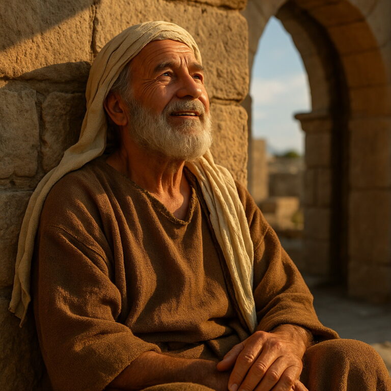 An elderly man in biblical-era clothing sits against a stone wall, looking upward with hope as warm sunlight illuminates his face.