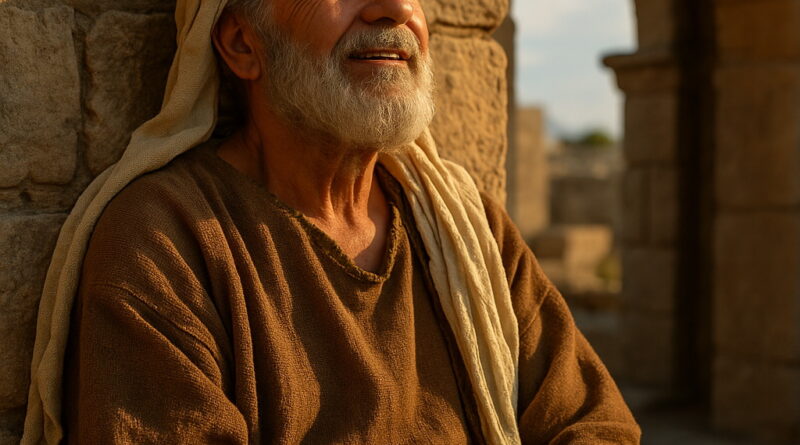 An elderly man in biblical-era clothing sits against a stone wall, looking upward with hope as warm sunlight illuminates his face.