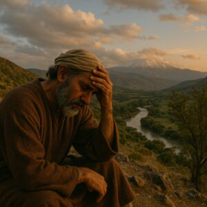 A man in biblical-era clothing sits on a rocky hillside, his head bowed in sorrow, overlooking the Jordan River and distant Hermon mountains at sunset.