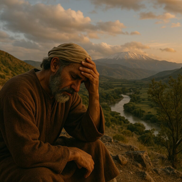 A man in biblical-era clothing sits on a rocky hillside, his head bowed in sorrow, overlooking the Jordan River and distant Hermon mountains at sunset.