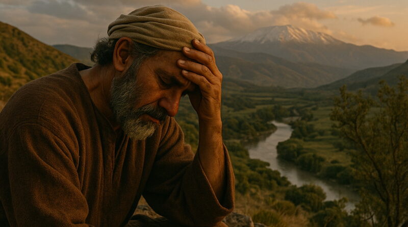 A man in biblical-era clothing sits on a rocky hillside, his head bowed in sorrow, overlooking the Jordan River and distant Hermon mountains at sunset.