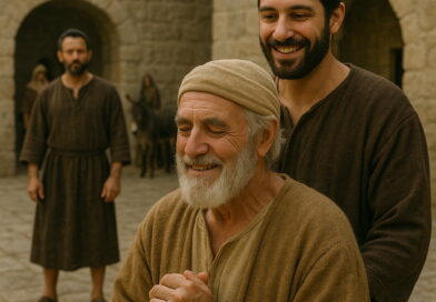 An elderly man smiles in relief while standing with a younger companion in an ancient stone courtyard, as a distant adversary looks on without triumph.