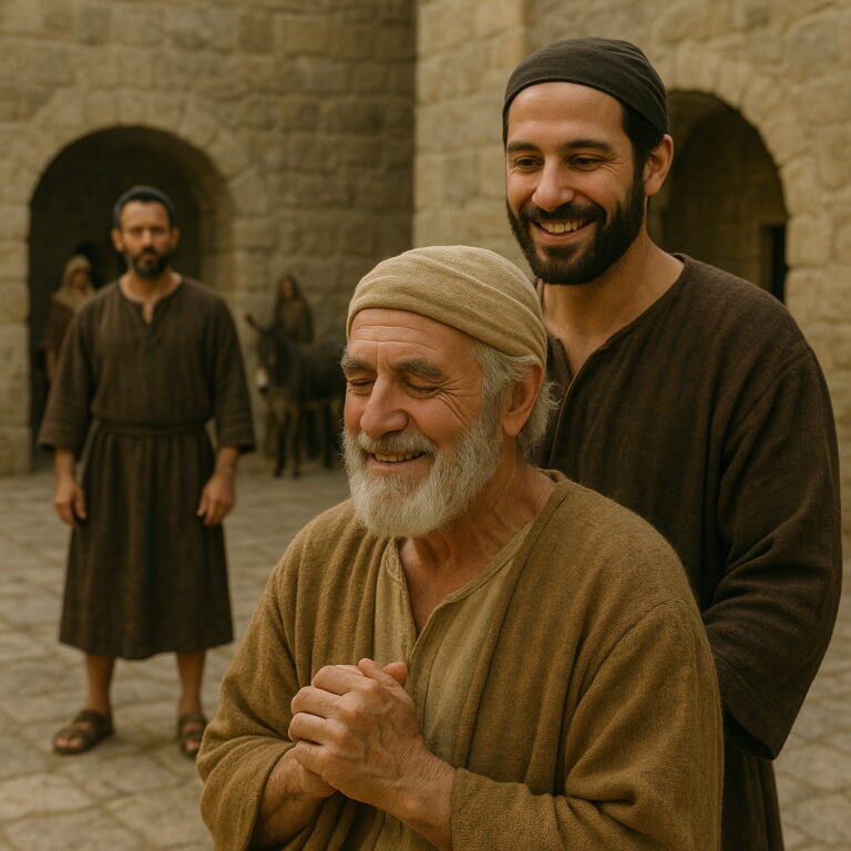 An elderly man smiles in relief while standing with a younger companion in an ancient stone courtyard, as a distant adversary looks on without triumph.