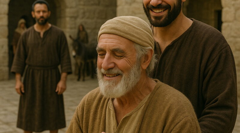 An elderly man smiles in relief while standing with a younger companion in an ancient stone courtyard, as a distant adversary looks on without triumph.