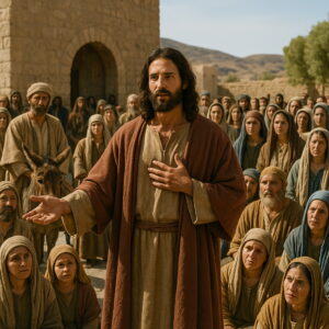 A biblical-era preacher standing before a large crowd, speaking with his hand on his chest as the listeners gather around attentively.