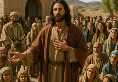 A biblical-era preacher standing before a large crowd, speaking with his hand on his chest as the listeners gather around attentively.