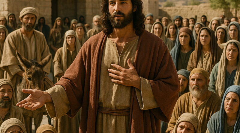 A biblical-era preacher standing before a large crowd, speaking with his hand on his chest as the listeners gather around attentively.