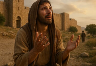 A sorrowful biblical-era man kneels outside an ancient city wall, lifting his hands in prayer as tears run down his face.