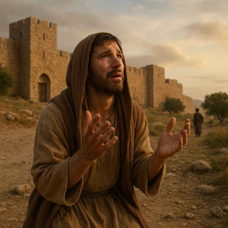 A sorrowful biblical-era man kneels outside an ancient city wall, lifting his hands in prayer as tears run down his face.