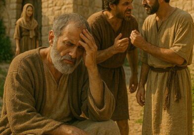 A distressed biblical-era man sits with his head in his hand while two men plot against him nearby in an ancient village.