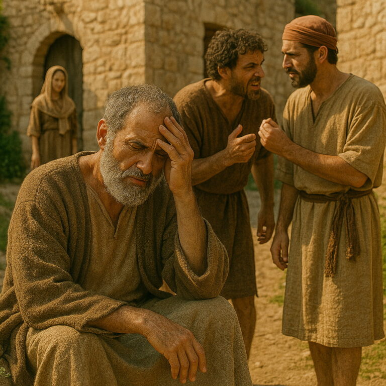 A distressed biblical-era man sits with his head in his hand while two men plot against him nearby in an ancient village.