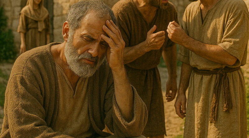 A distressed biblical-era man sits with his head in his hand while two men plot against him nearby in an ancient village.