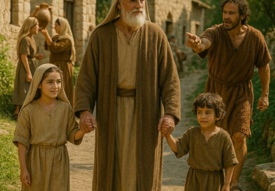 An elderly righteous man walks peacefully with two children while an angry wicked man shouts behind him in an ancient village.