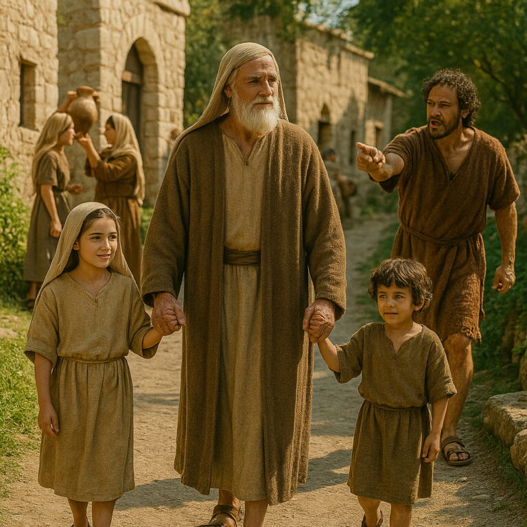 An elderly righteous man walks peacefully with two children while an angry wicked man shouts behind him in an ancient village.