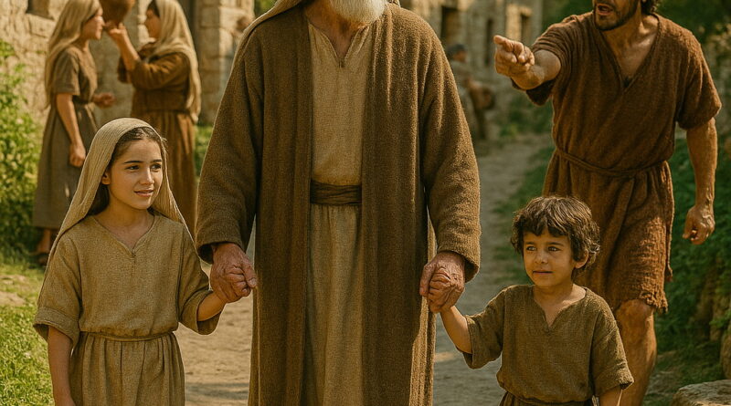 An elderly righteous man walks peacefully with two children while an angry wicked man shouts behind him in an ancient village.