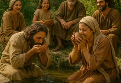 A joyful biblical-era family drinks fresh water together at a clear spring in a lush, sunlit landscape.