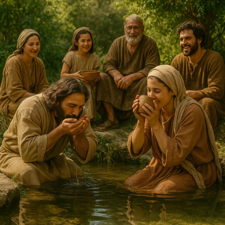 A joyful biblical-era family drinks fresh water together at a clear spring in a lush, sunlit landscape.