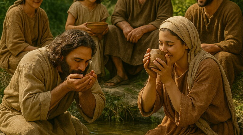 A joyful biblical-era family drinks fresh water together at a clear spring in a lush, sunlit landscape.