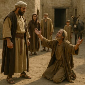 A poor man kneels in desperation before a stronger oppressor in an ancient village, lifting his hands toward heaven as bystanders watch.