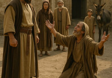 A poor man kneels in desperation before a stronger oppressor in an ancient village, lifting his hands toward heaven as bystanders watch.