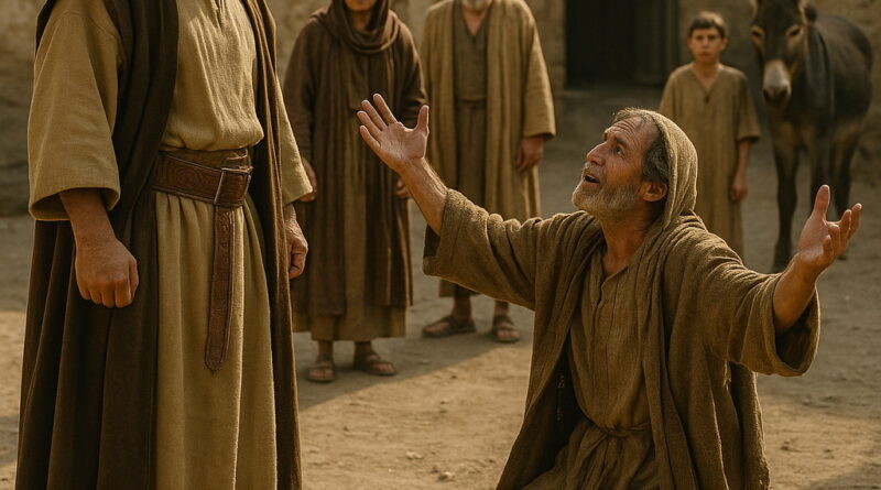 A poor man kneels in desperation before a stronger oppressor in an ancient village, lifting his hands toward heaven as bystanders watch.