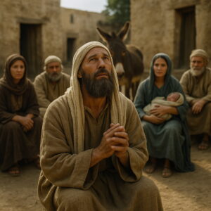 A biblical-era man kneels in prayer in a sunlit ancient village, surrounded by people and a donkey in the background.