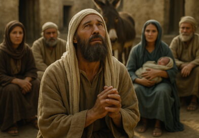 A biblical-era man kneels in prayer in a sunlit ancient village, surrounded by people and a donkey in the background.