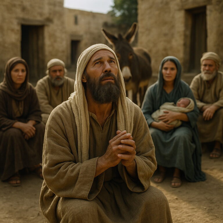 A biblical-era man kneels in prayer in a sunlit ancient village, surrounded by people and a donkey in the background.