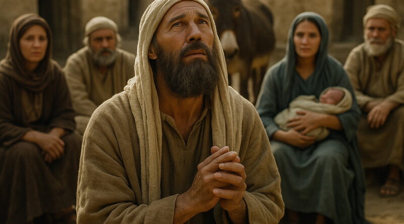 A biblical-era man kneels in prayer in a sunlit ancient village, surrounded by people and a donkey in the background.