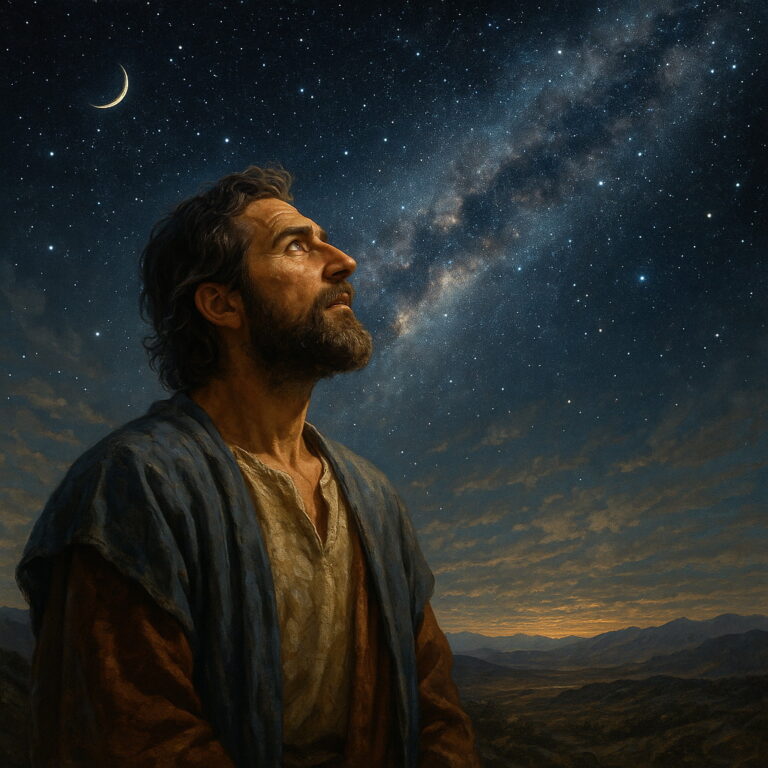 A man in ancient clothing looks up at a vast star-filled sky, symbolizing God’s creation by His word.