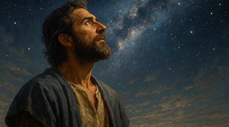 A man in ancient clothing looks up at a vast star-filled sky, symbolizing God’s creation by His word.