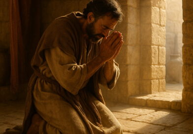 A man kneels in prayer inside an ancient stone room, hands clasped in humble confession.