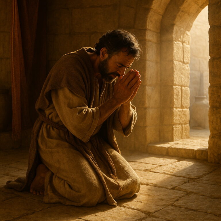 A man kneels in prayer inside an ancient stone room, hands clasped in humble confession.