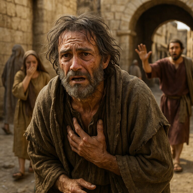 A distressed man in worn robes is avoided by those around him in an ancient street.