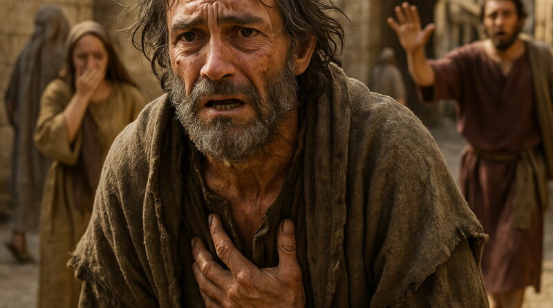 A distressed man in worn robes is avoided by those around him in an ancient street.