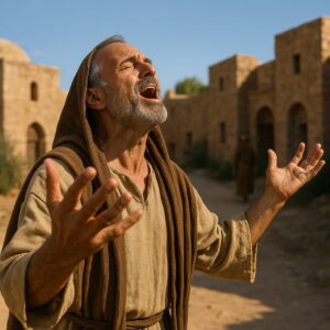 A man in ancient clothing lifts his voice and hands in joyful praise in a sunlit biblical village.