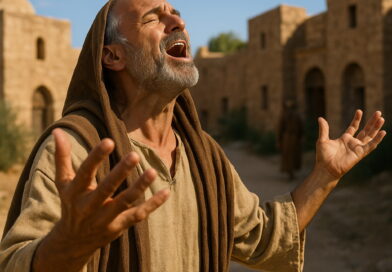A man in ancient clothing lifts his voice and hands in joyful praise in a sunlit biblical village.